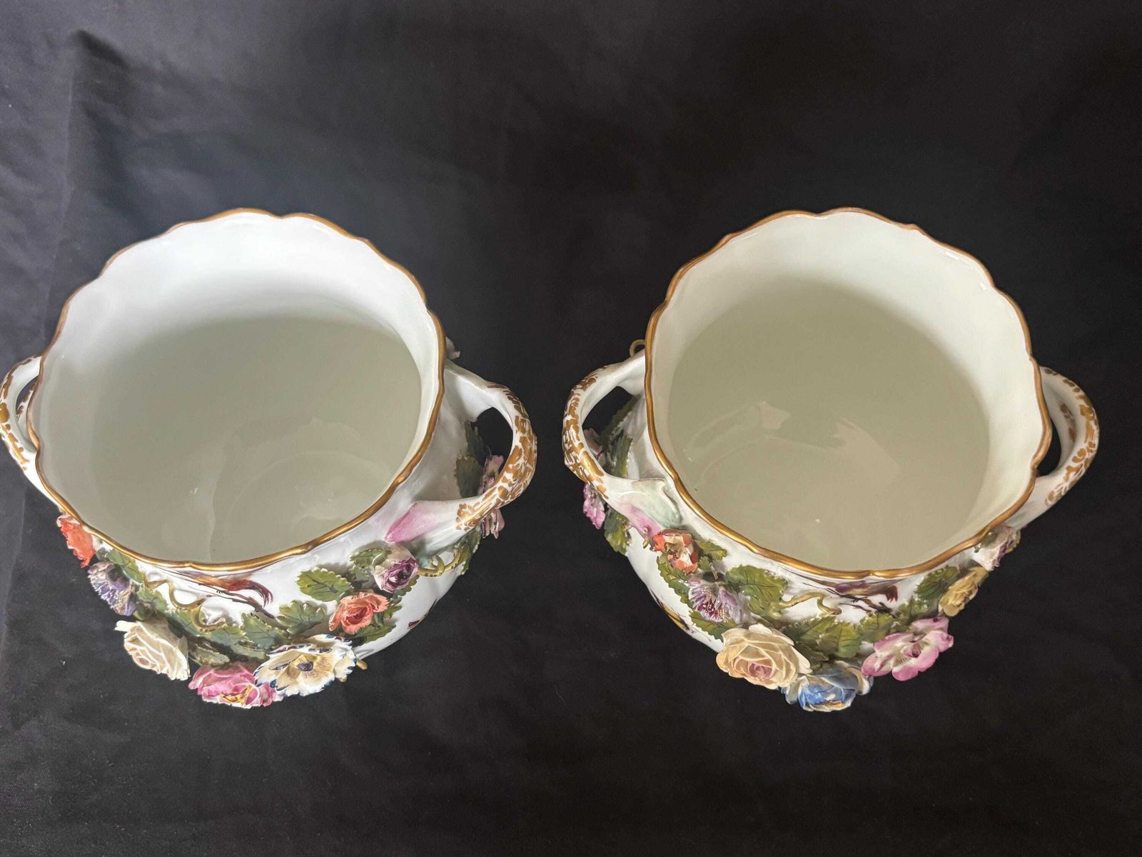 A Pair Of Antique Meissen Floral Encrusted Handle Vases C1910 Stunning Detail photo 390.0