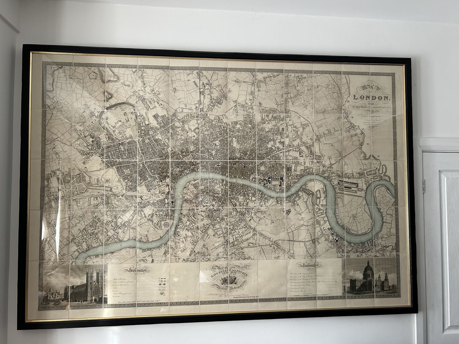 Greenwood's Map Of London Blue River Circa 1827 Framed Distressed Black 81”X53”