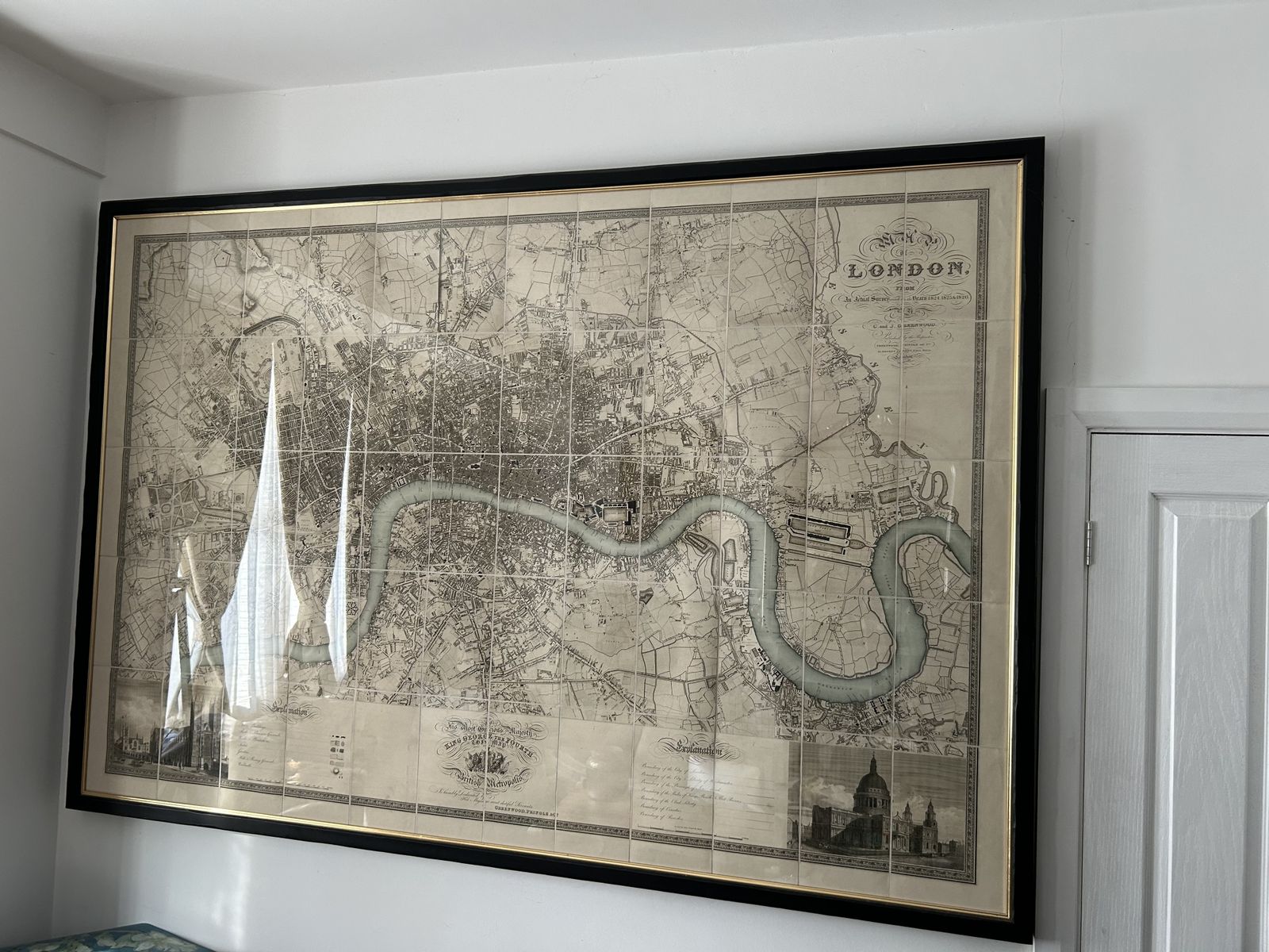Greenwood's Map Of London Blue River Circa 1827 Framed Distressed Black 81”X53” photo 1250.0