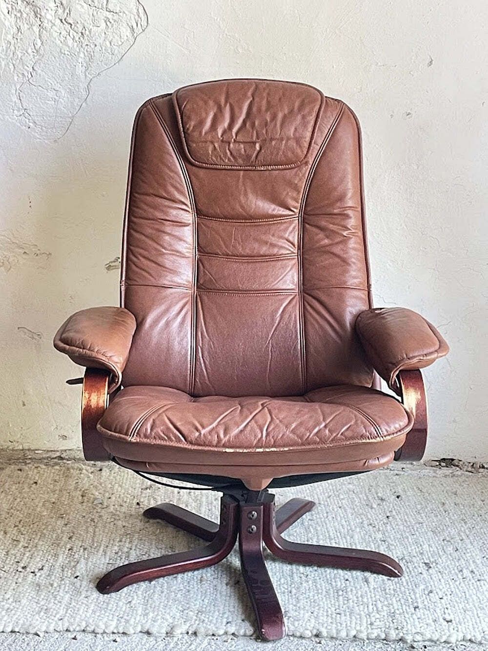 photo furniture Scandinavian Brown Leather Recliner Lounge Chair With Ottoman, Circa 1990