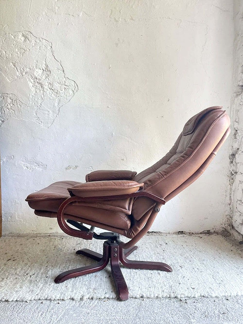 photo for sale Scandinavian Brown Leather Recliner Lounge Chair With Ottoman, Circa 1990