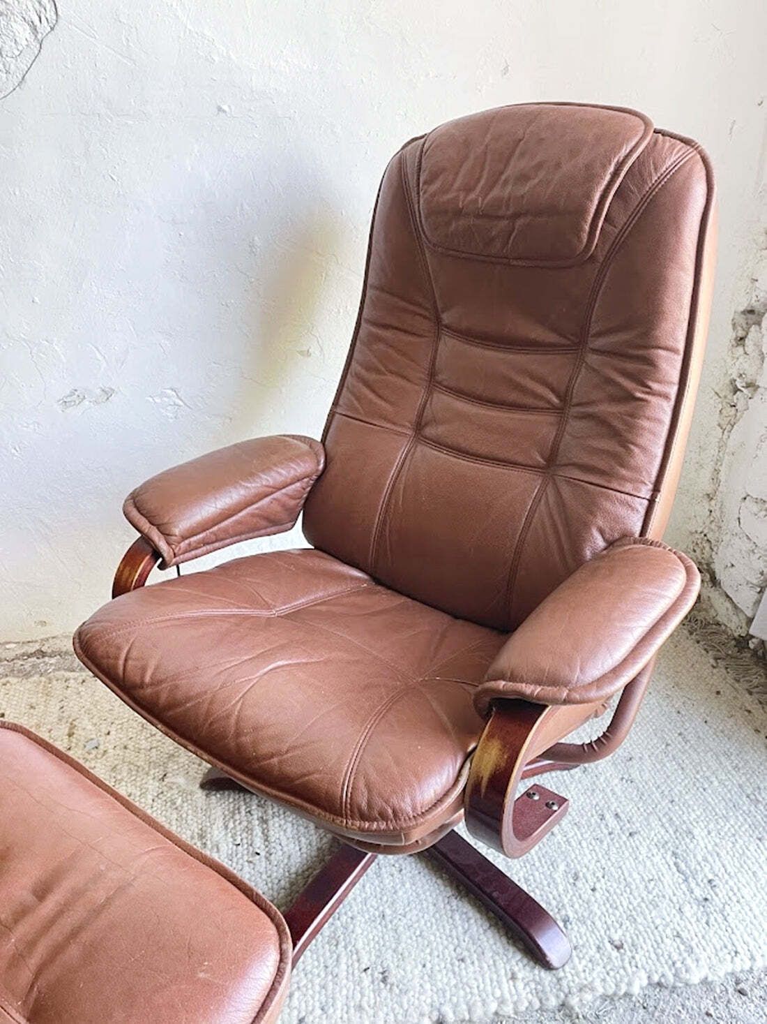 Furniture Scandinavian Brown Leather Recliner Lounge Chair With Ottoman, Circa 1990 photo