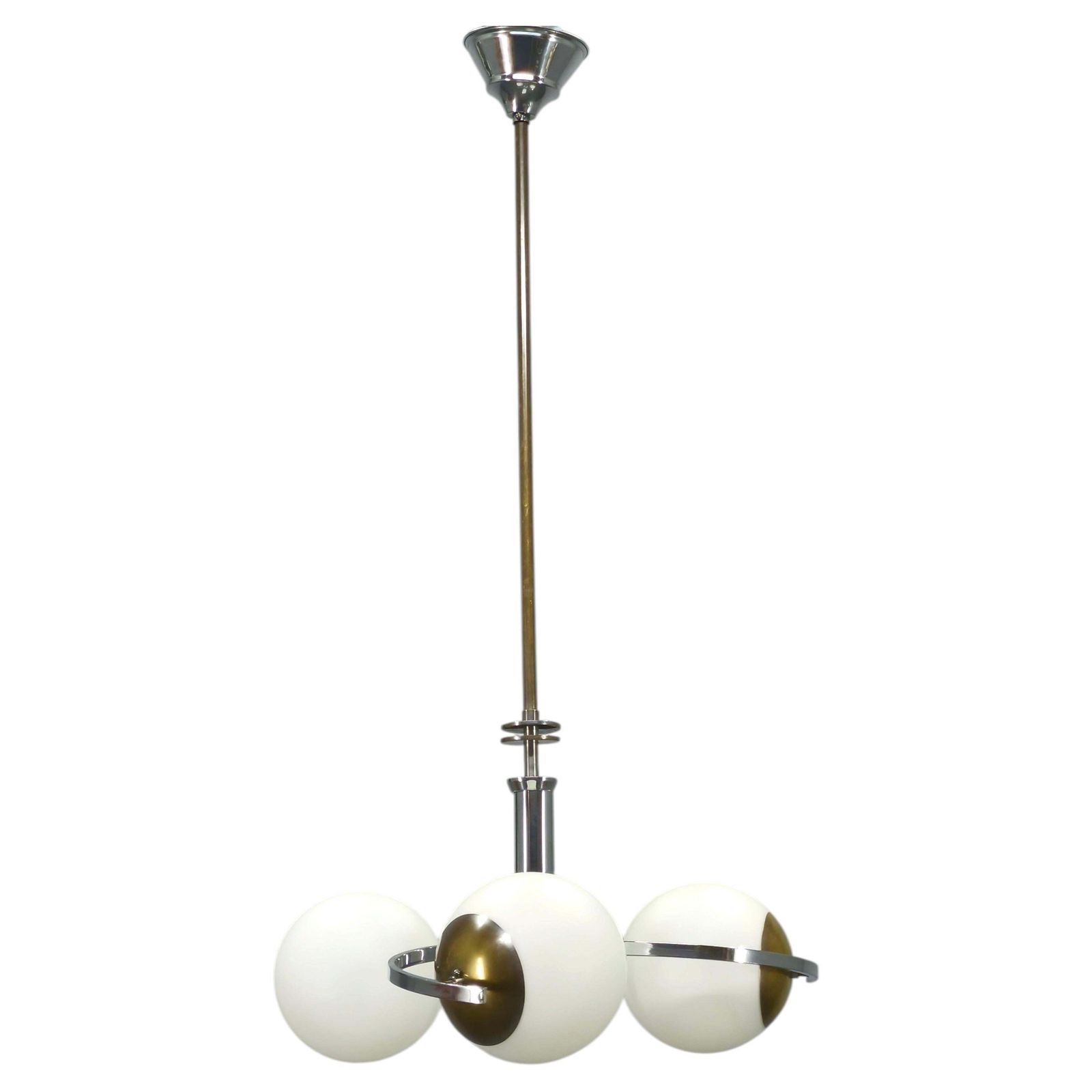 Tsjechische art deco kroonluchter in chroom en opaalwit glas, jaren 1930
