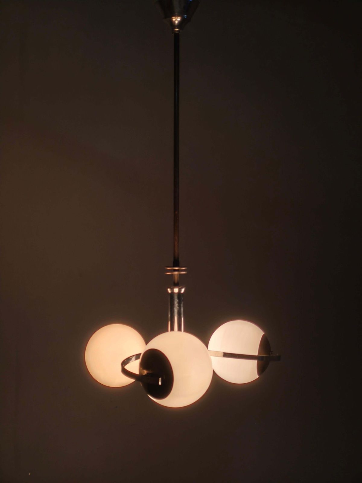 Czech Art Deco Chrome And Opaline Glass Chandelier, 1930s photo vintage