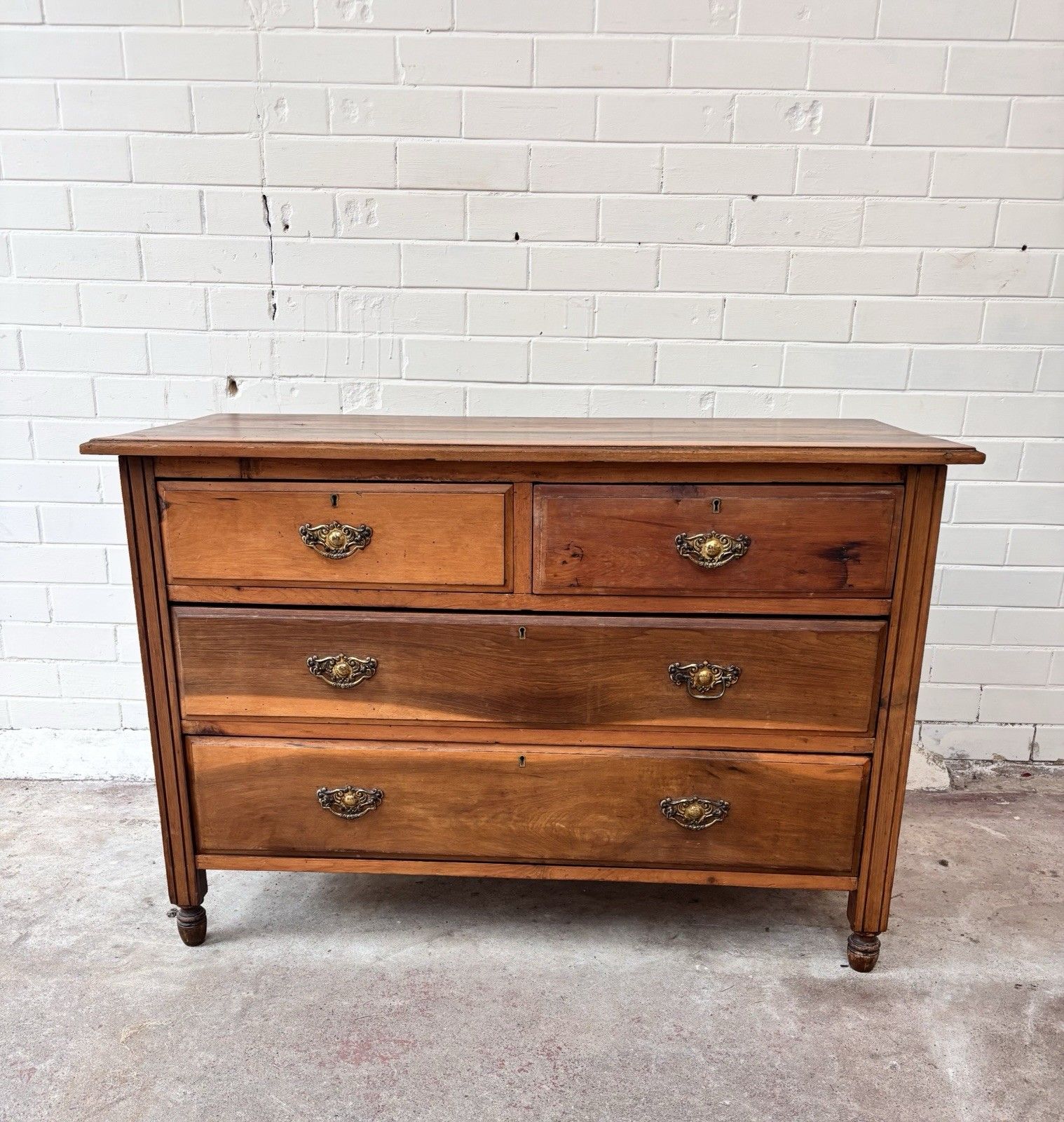 Lovely Low Chest Of Drawers. Satin Walnut With Brass Handles. photo buy