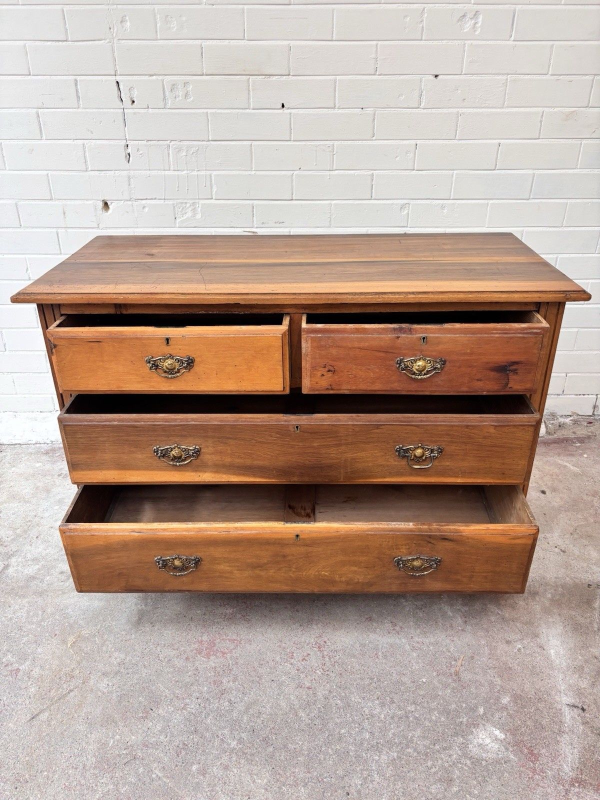 Lovely Low Chest Of Drawers. Satin Walnut With Brass Handles. photo vintage