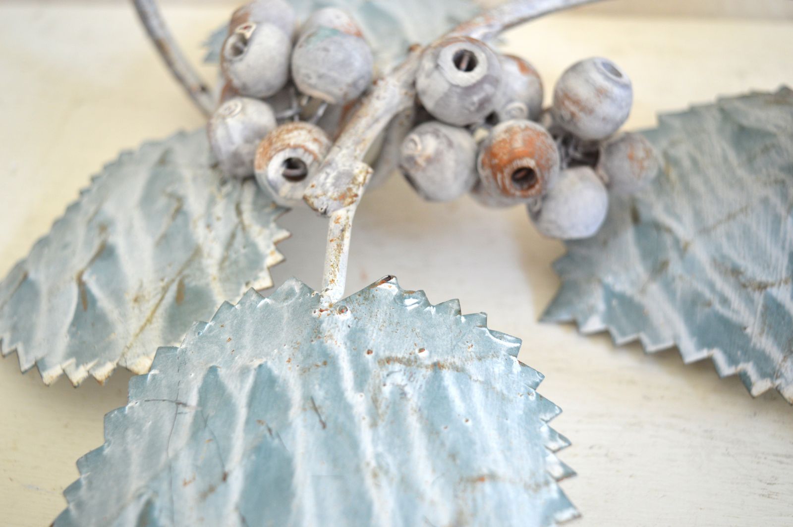Rare Vintage Grapevine Metal Candle Holder With Blue‑Green Leaves photo vinterior