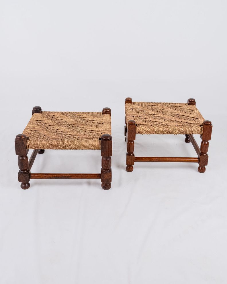 Pair Of Wood And Rope Square Stools, Early 20th Century, France photo furniture