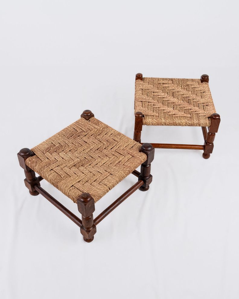 Furniture Pair Of Wood And Rope Square Stools, Early 20th Century, France photo