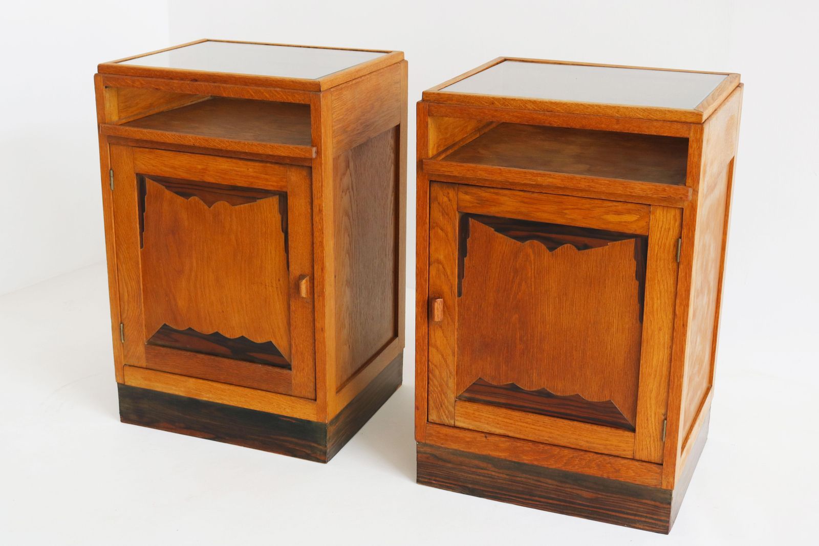 Pair Of Dutch Amsterdam School Bedside Tables 1920 Oak Glass Art Deco Nightstand photo vintage