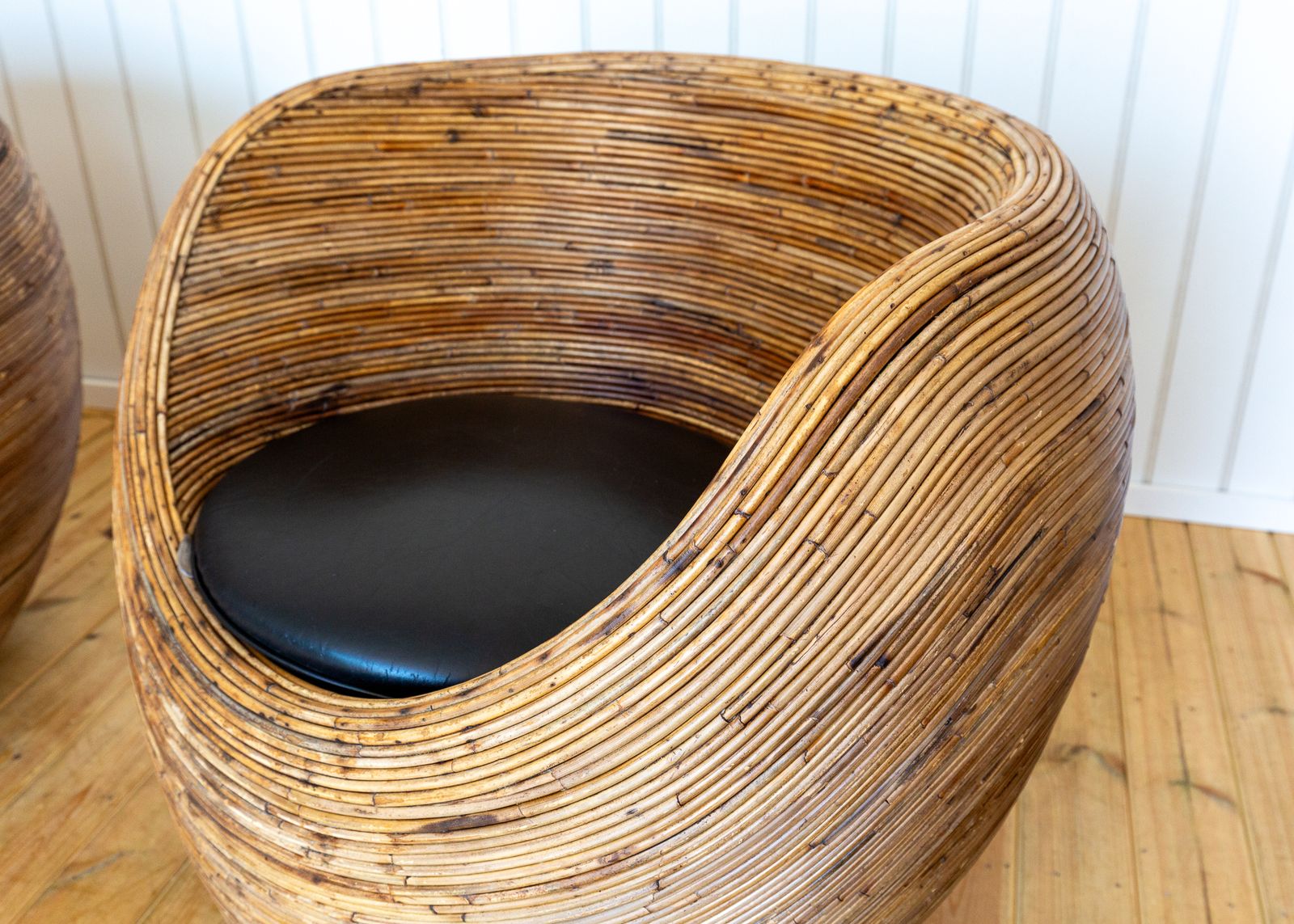 Pair Of Blonde Pod Tub Chairs Sculptural Organic Coastal Boho Mcm Conran Rattan Mediterranean Villa Modernis.T Studio Conservatory Patio photo 1750.0