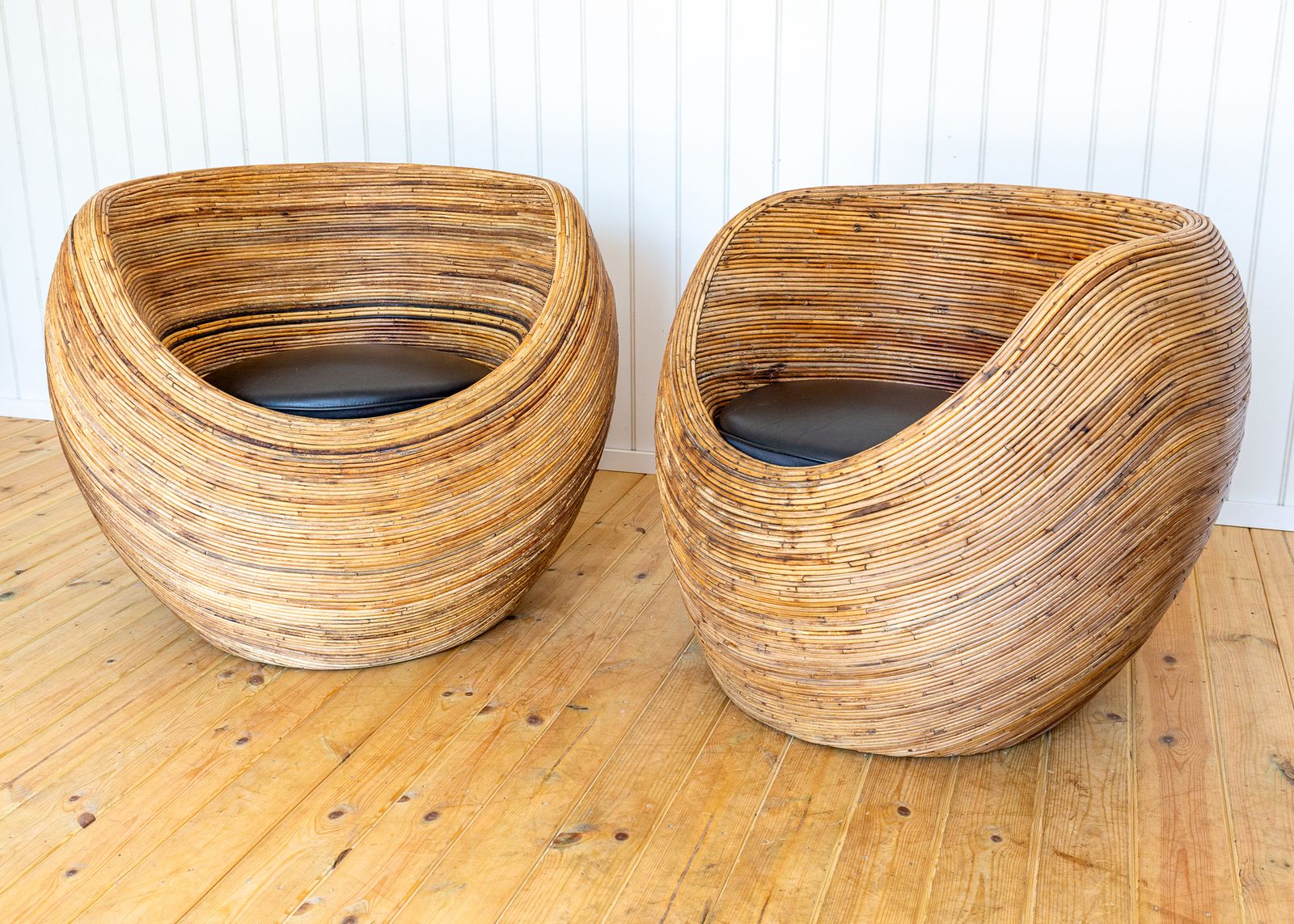 Pair Of Blonde Pod Tub Chairs Sculptural Organic Coastal Boho Mcm Conran Rattan Mediterranean Villa Modernis.T Studio Conservatory Patio photo vinterior