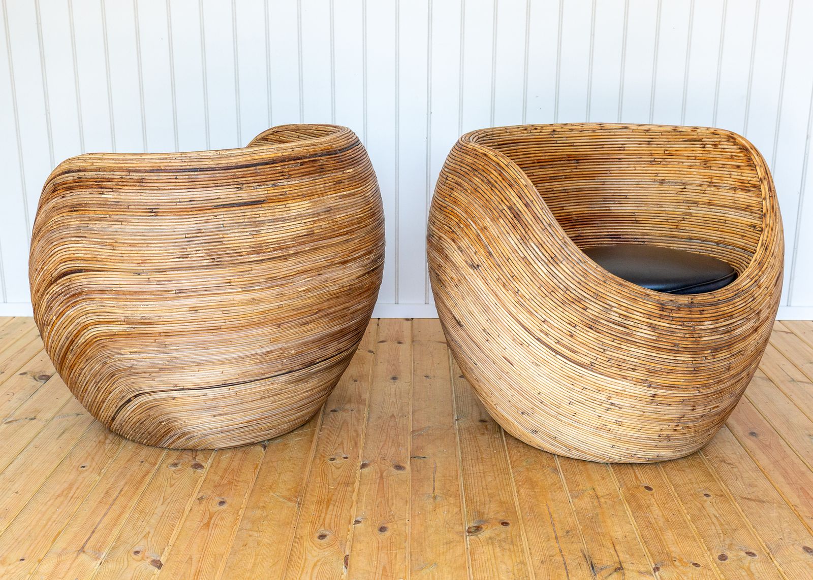 Pair Of Blonde Pod Tub Chairs Sculptural Organic Coastal Boho Mcm Conran Rattan Mediterranean Villa Modernis.T Studio Conservatory Patio photo furniture