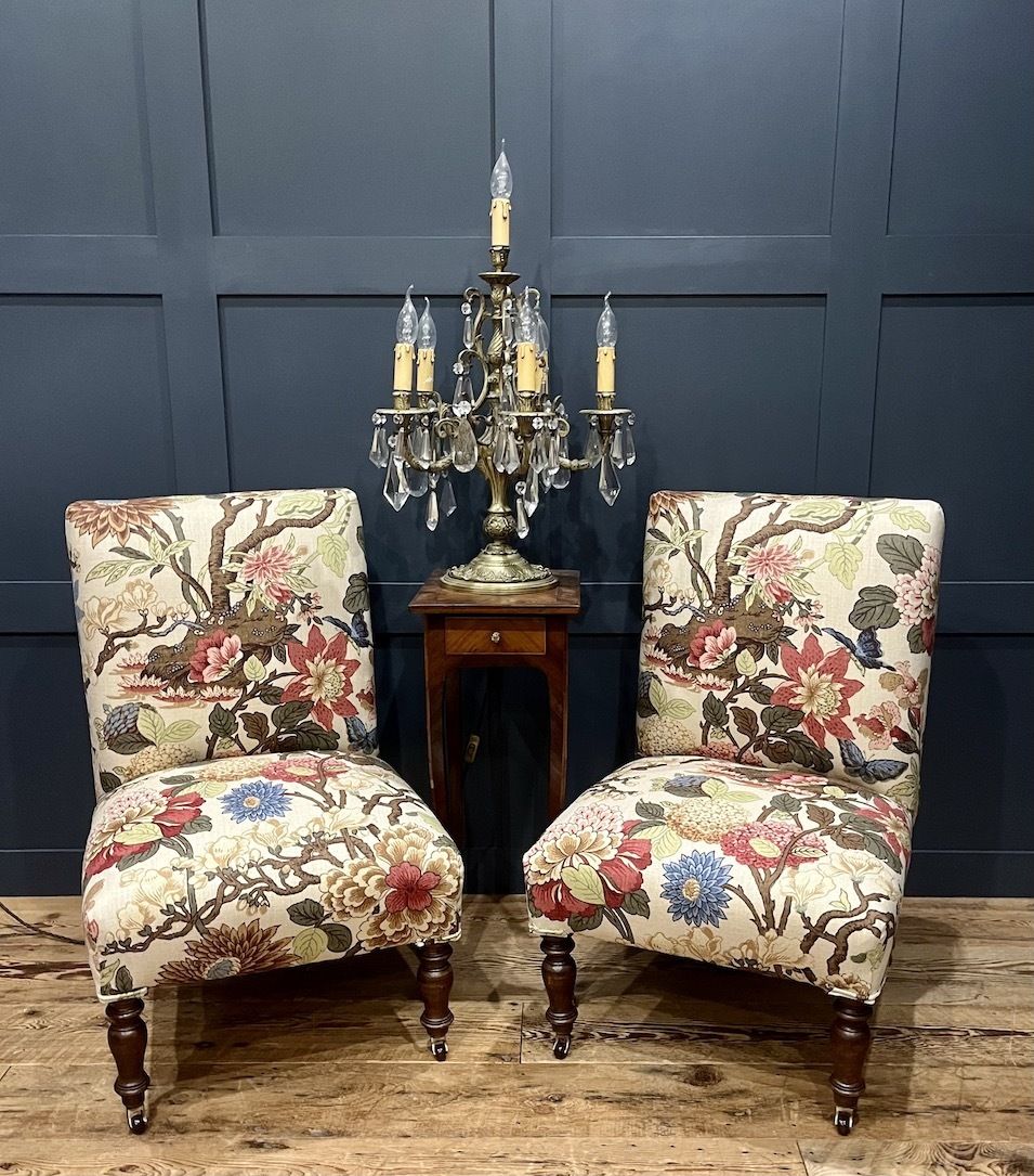 A Rare Pair Of Antique French Upholstered Slipper Chairs