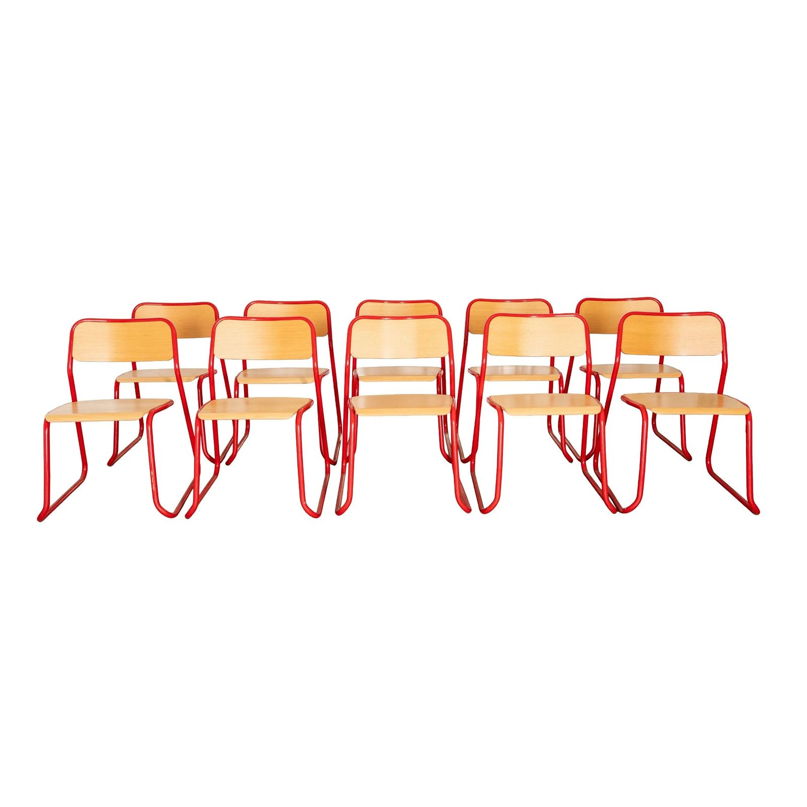 A Set Of 10 Steel And Plywood Chairs