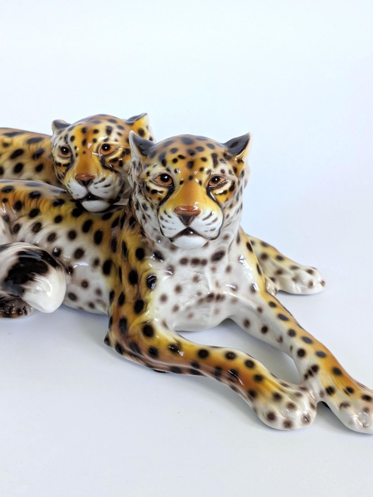 Large Italian Porcelain Leopard Pair Sculpture Mcm Hollywood Regency Ronzan Style photo furniture