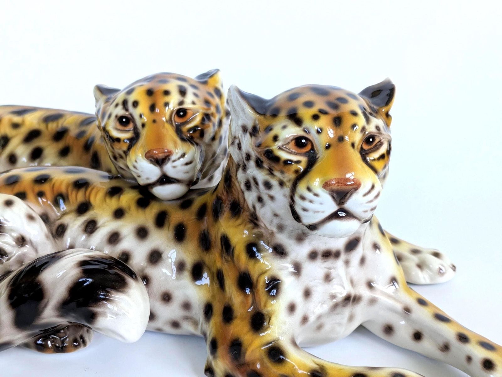 Large Italian Porcelain Leopard Pair Sculpture Mcm Hollywood Regency Ronzan Style photo 418.0