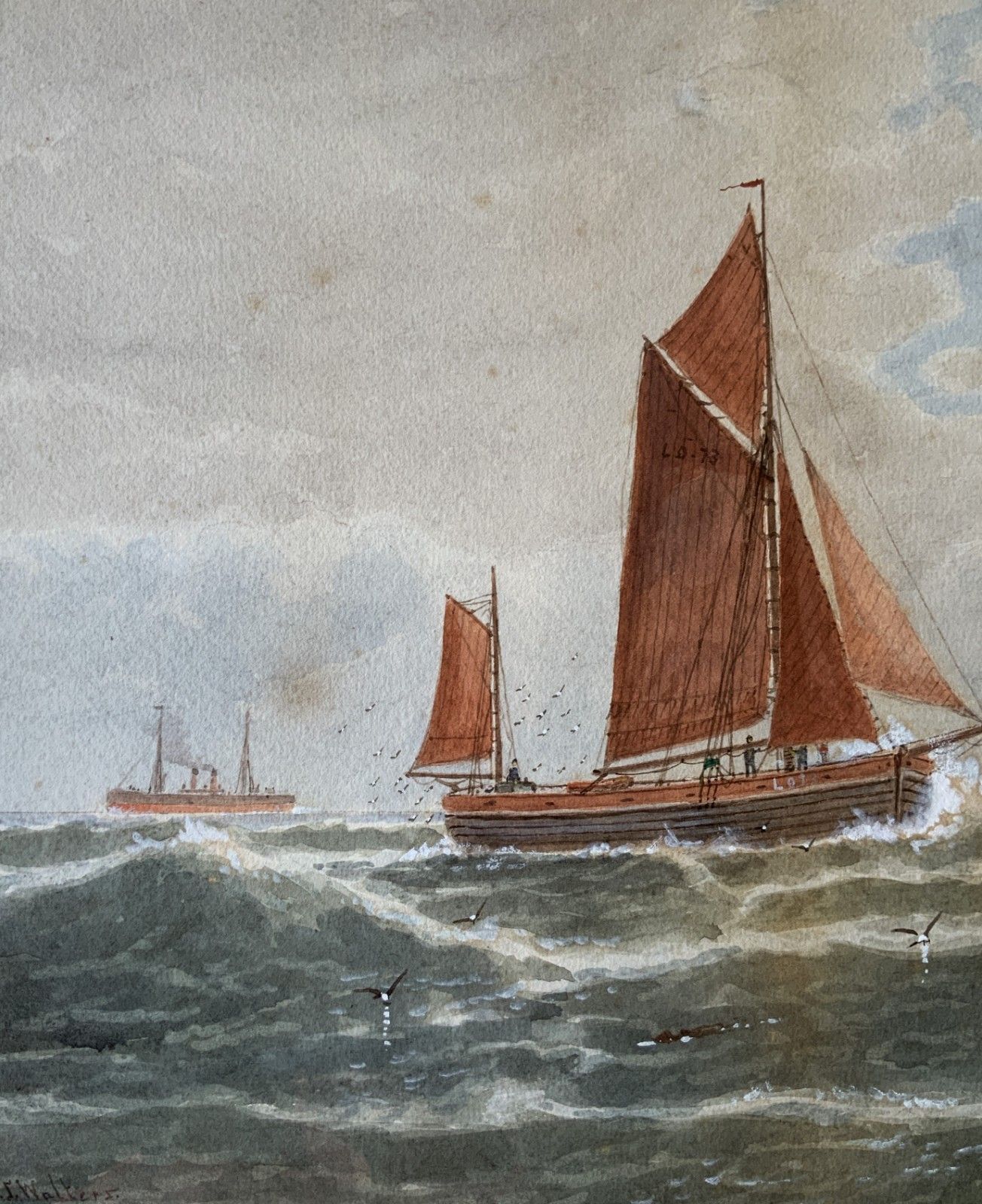 Lowestoft Seascape Watercolour Painting By George Stanfield Walters (1838 1924) photo vintage