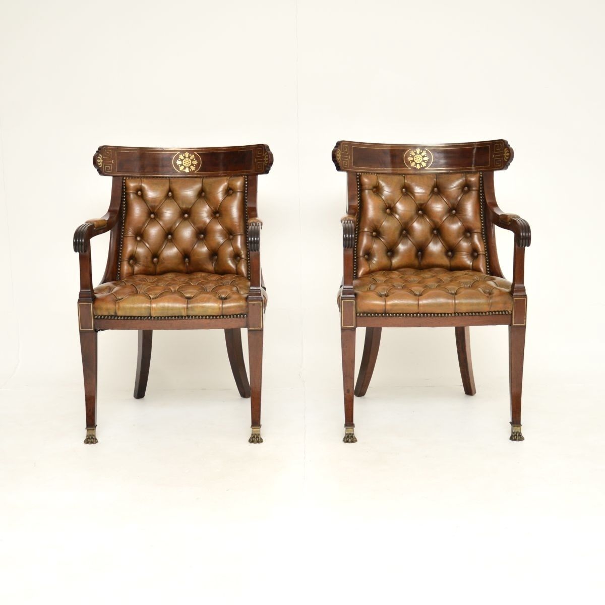 Pair Of Antique Regency Period Brass Inlaid Mahogany And Leather Armchairs photo furniture
