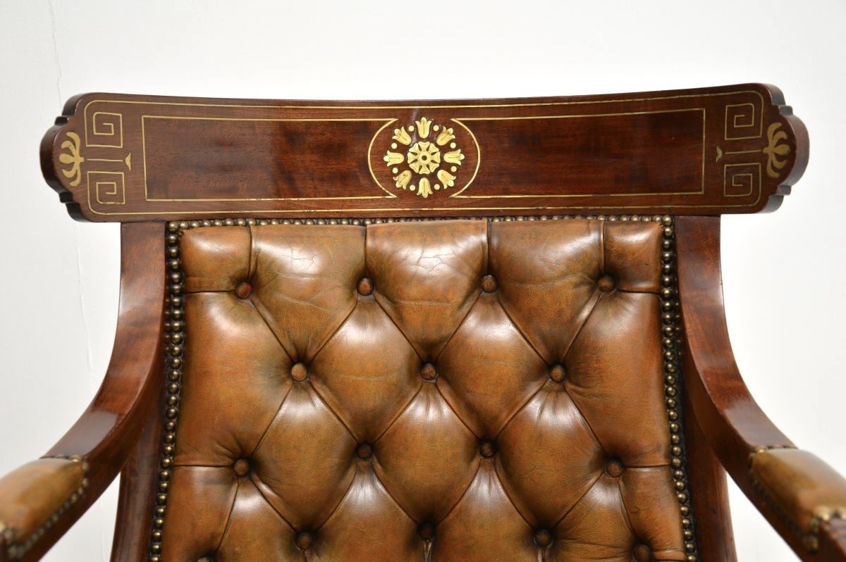 Pair Of Antique Regency Period Brass Inlaid Mahogany And Leather Armchairs photo vinterior