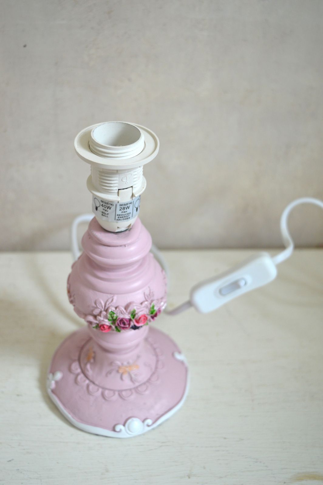Rare Pair Pink Floral Table Lamps – Shabby Chic Rose Lampshades   In Line Switch Lighting photo vintage