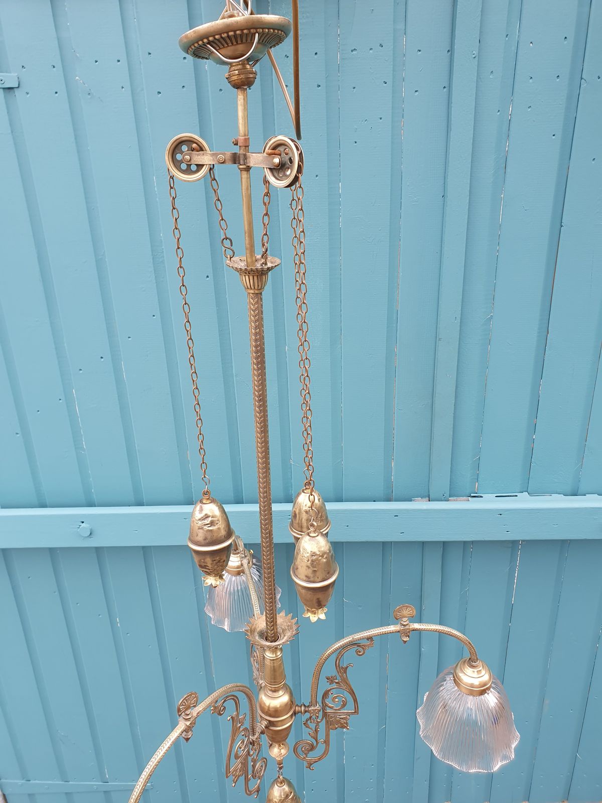 Antique Brass Rise And Fall Chandelier With Glass Shades photo 1275.0