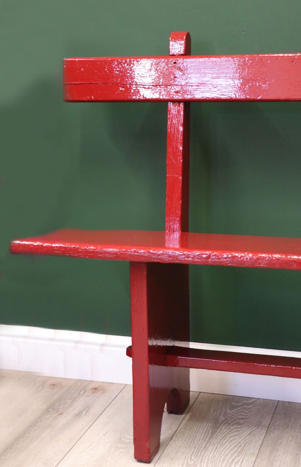 495.0 A Lovely Red Painted Wooden Bench Later Inscribed With Knutsford. photo