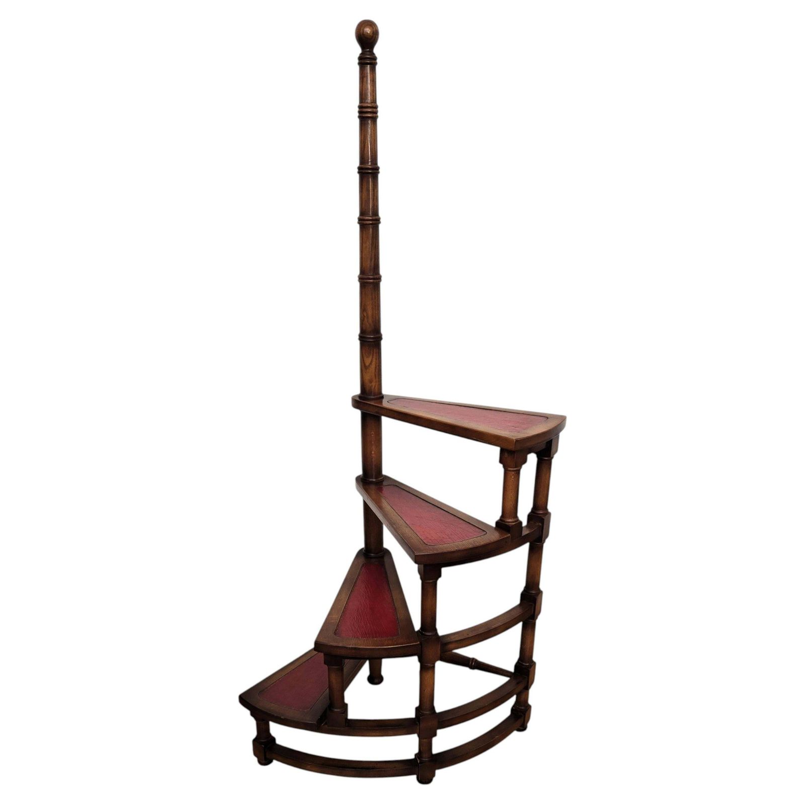 Midcentury Italian Carved Walnut Wood And Leather Spiral 4 Step Library Ladder