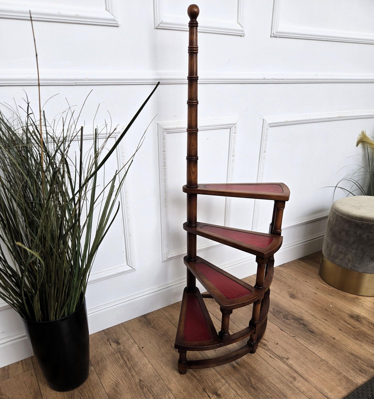 Midcentury Italian Carved Walnut Wood And Leather Spiral 4 Step Library Ladder photo buy