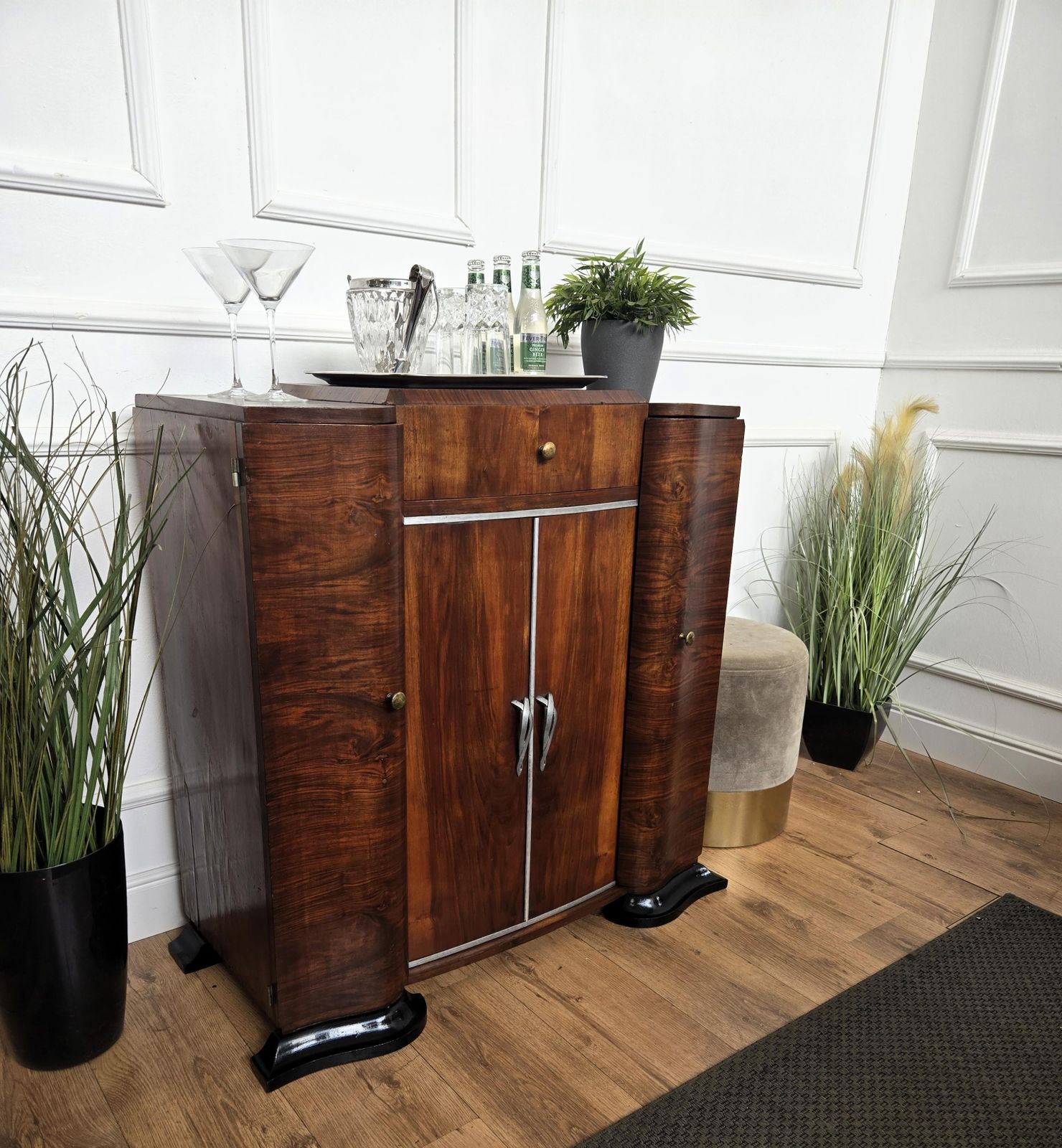 Italian 1940s Art Deco Mid Century Walnut Burl Dry Bar Cabinet photo furniture
