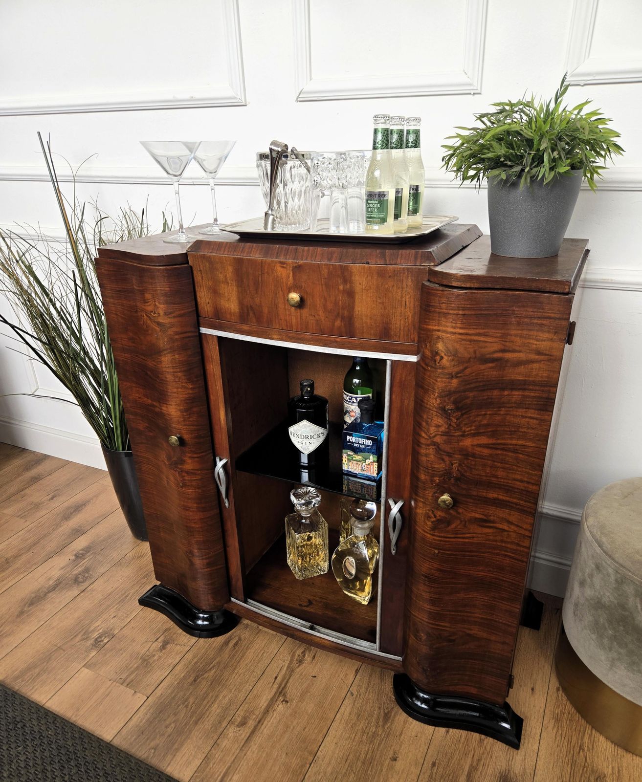 Italian 1940s Art Deco Mid Century Walnut Burl Dry Bar Cabinet photo for sale