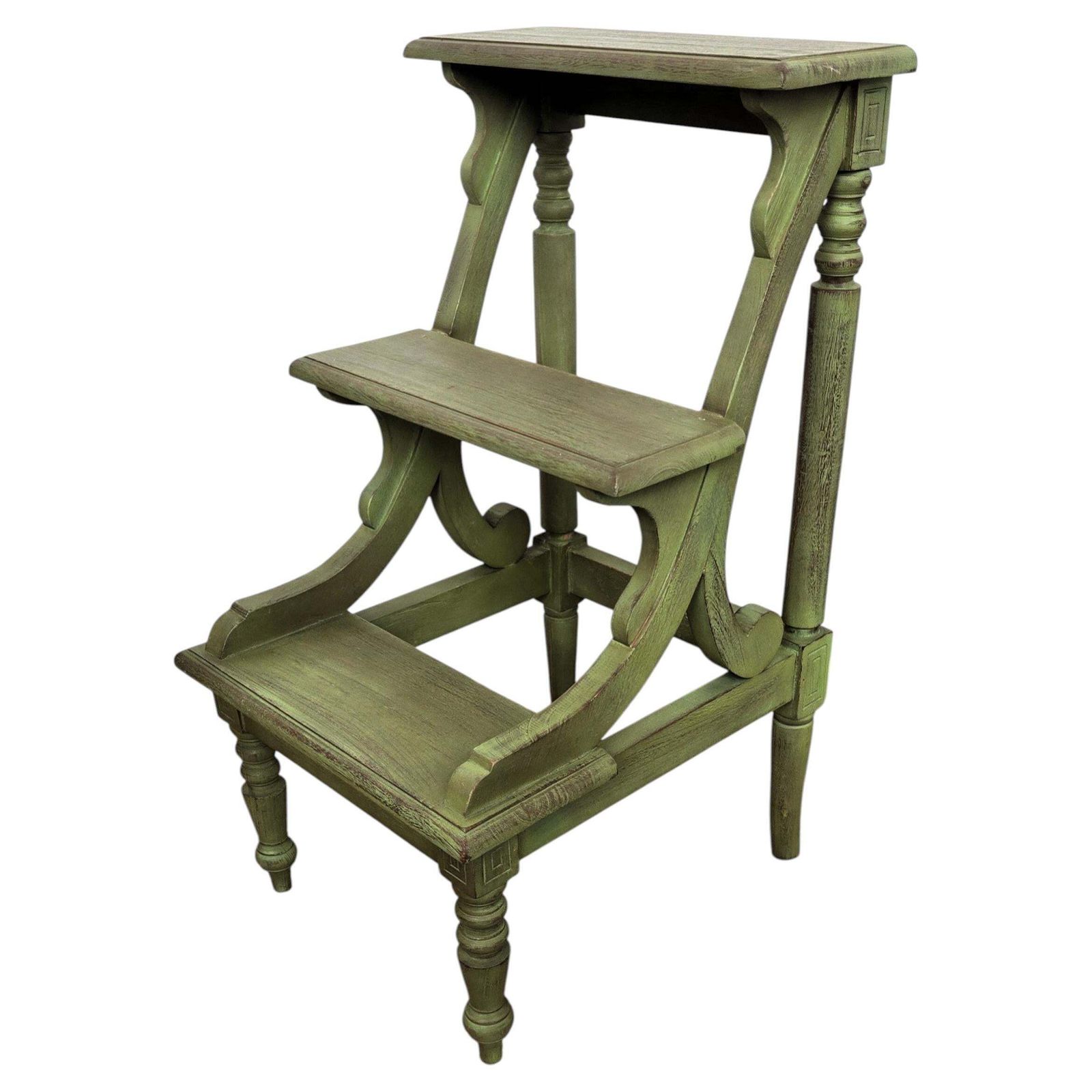 Tuscany Italian Country Carved Painted Wood 3 Step Library Ladder