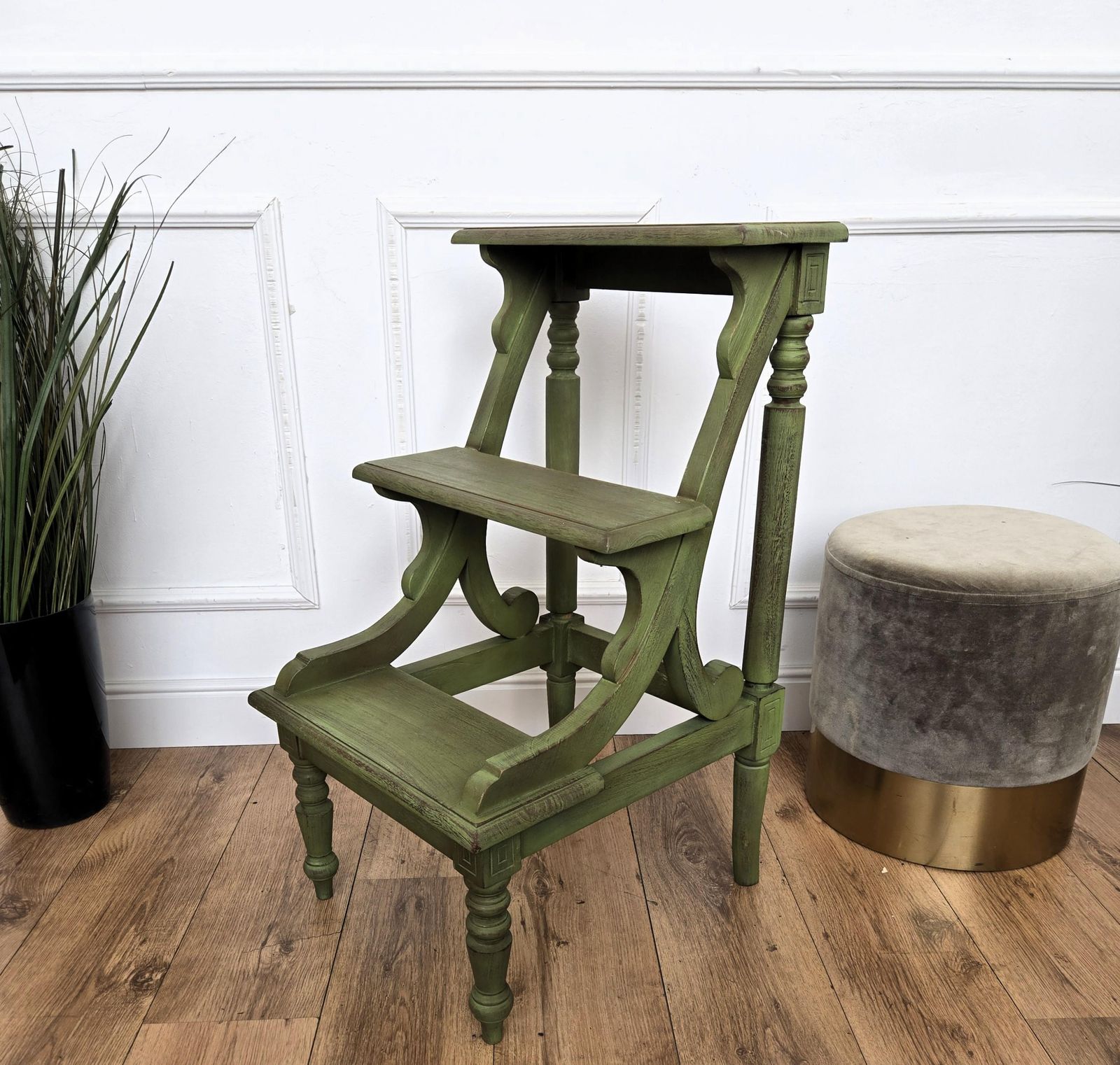 Tuscany Italian Country Carved Painted Wood 3 Step Library Ladder photo for sale