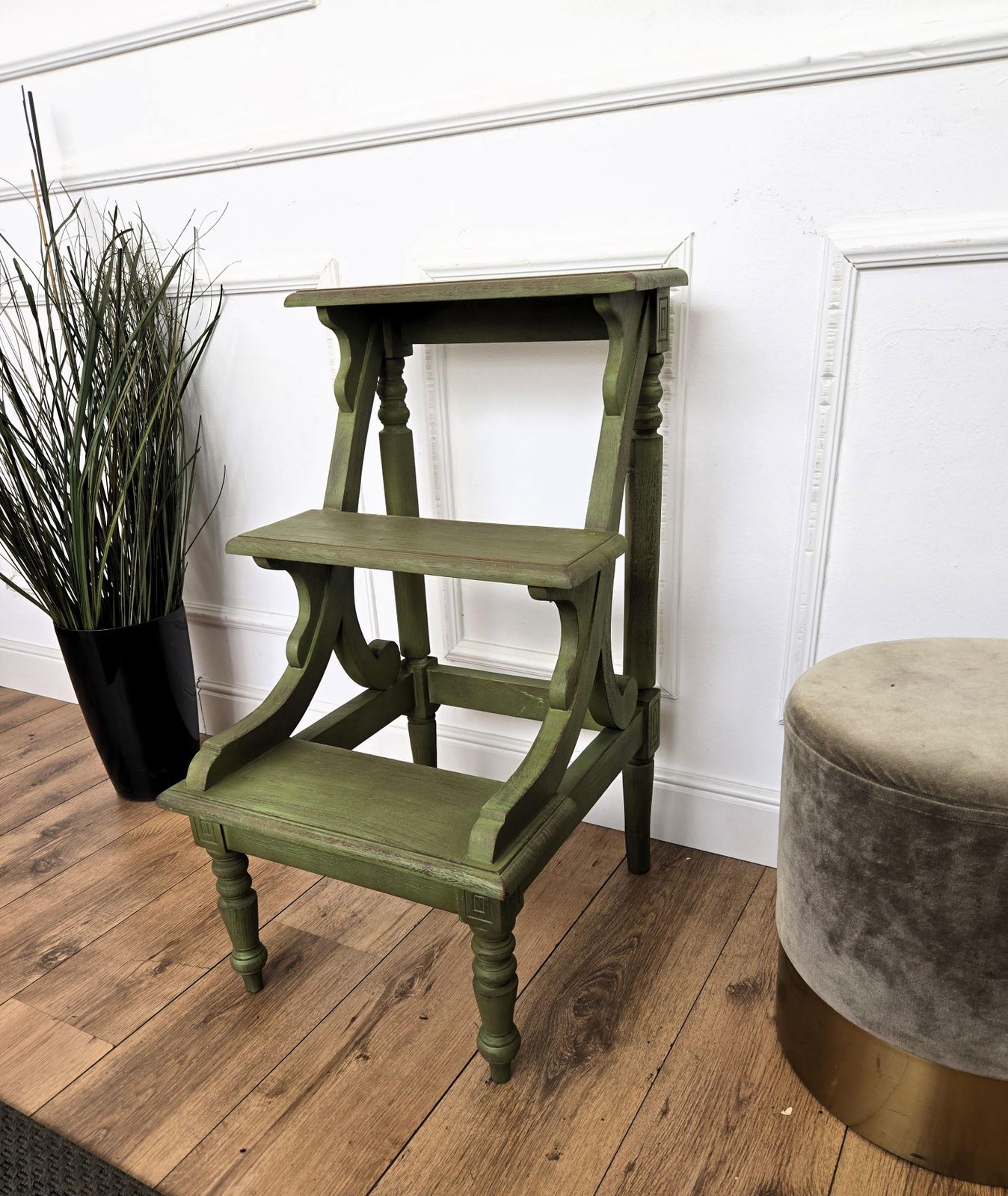 Tuscany Italian Country Carved Painted Wood 3 Step Library Ladder photo vinterior