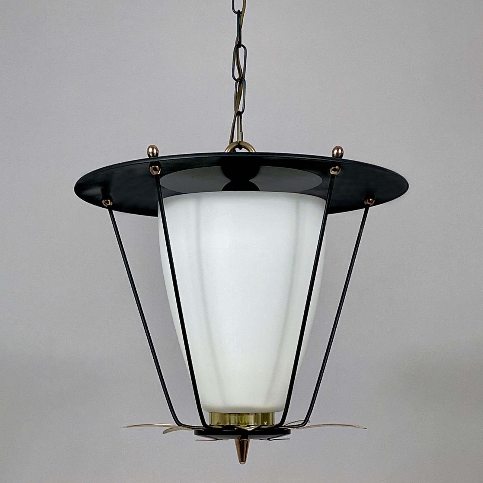 Black Metal And White Opaline Lantern With Brass Details, France 1950s photo vintage
