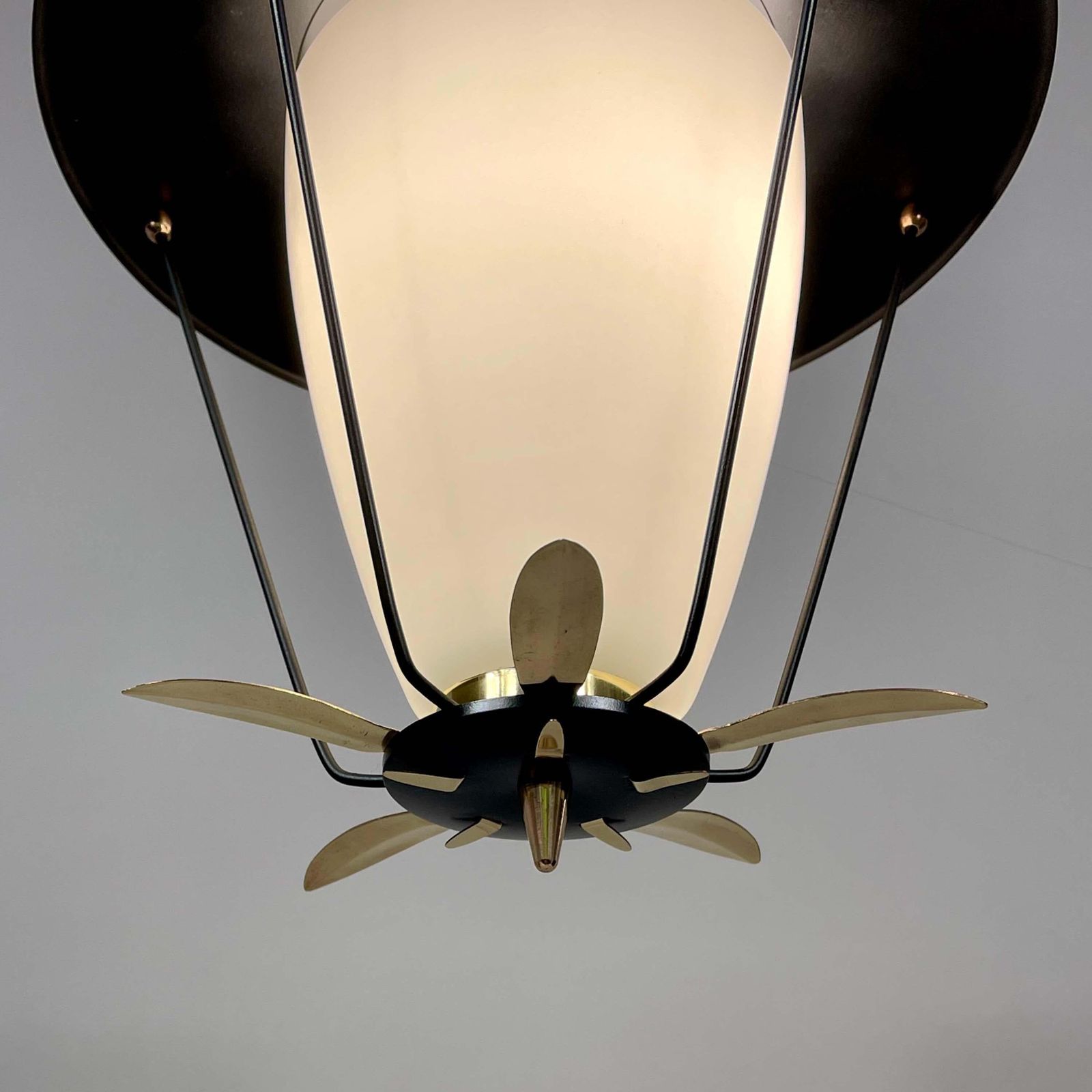 Lighting Black Metal And White Opaline Lantern With Brass Details, France 1950s photo