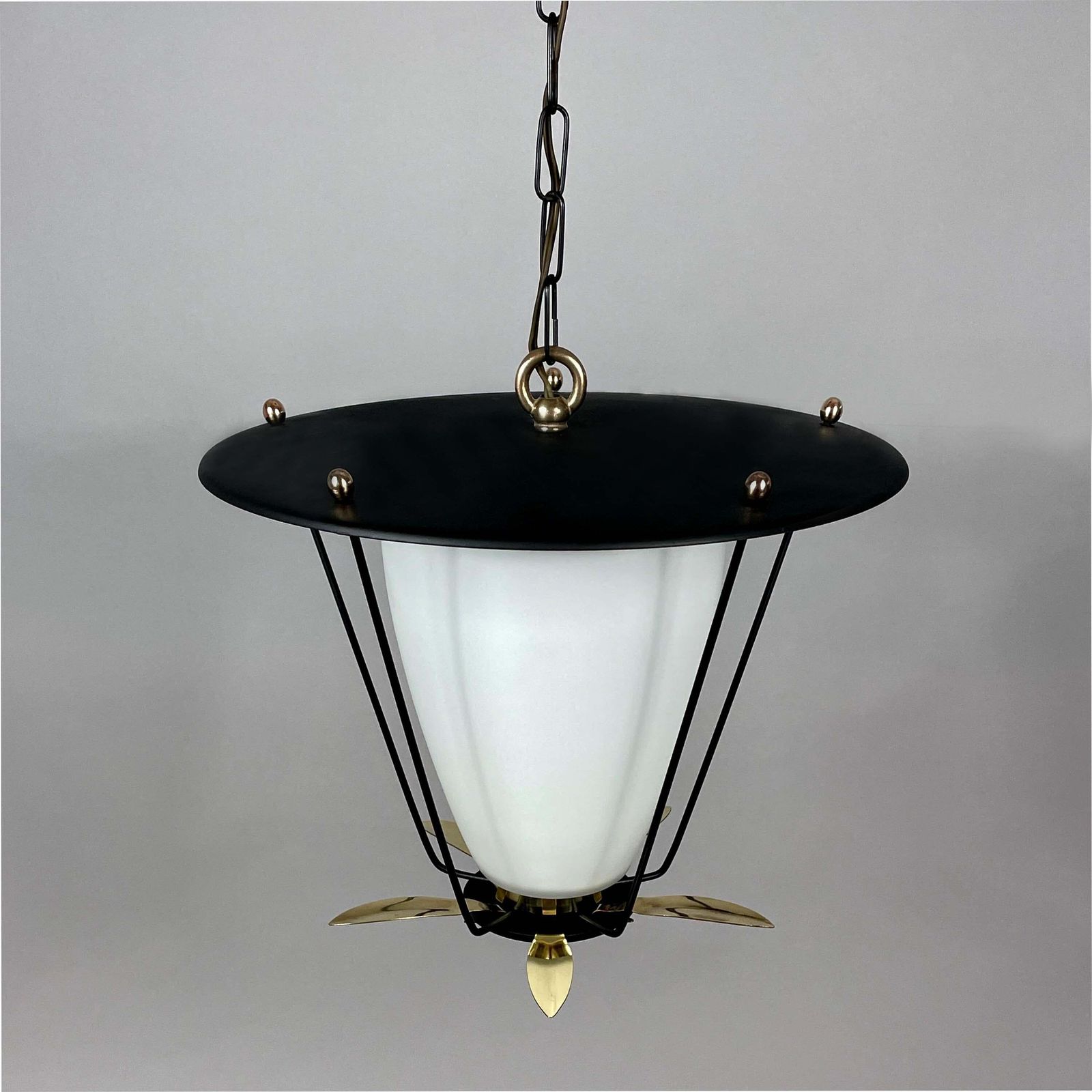photo vintage Black Metal And White Opaline Lantern With Brass Details, France 1950s