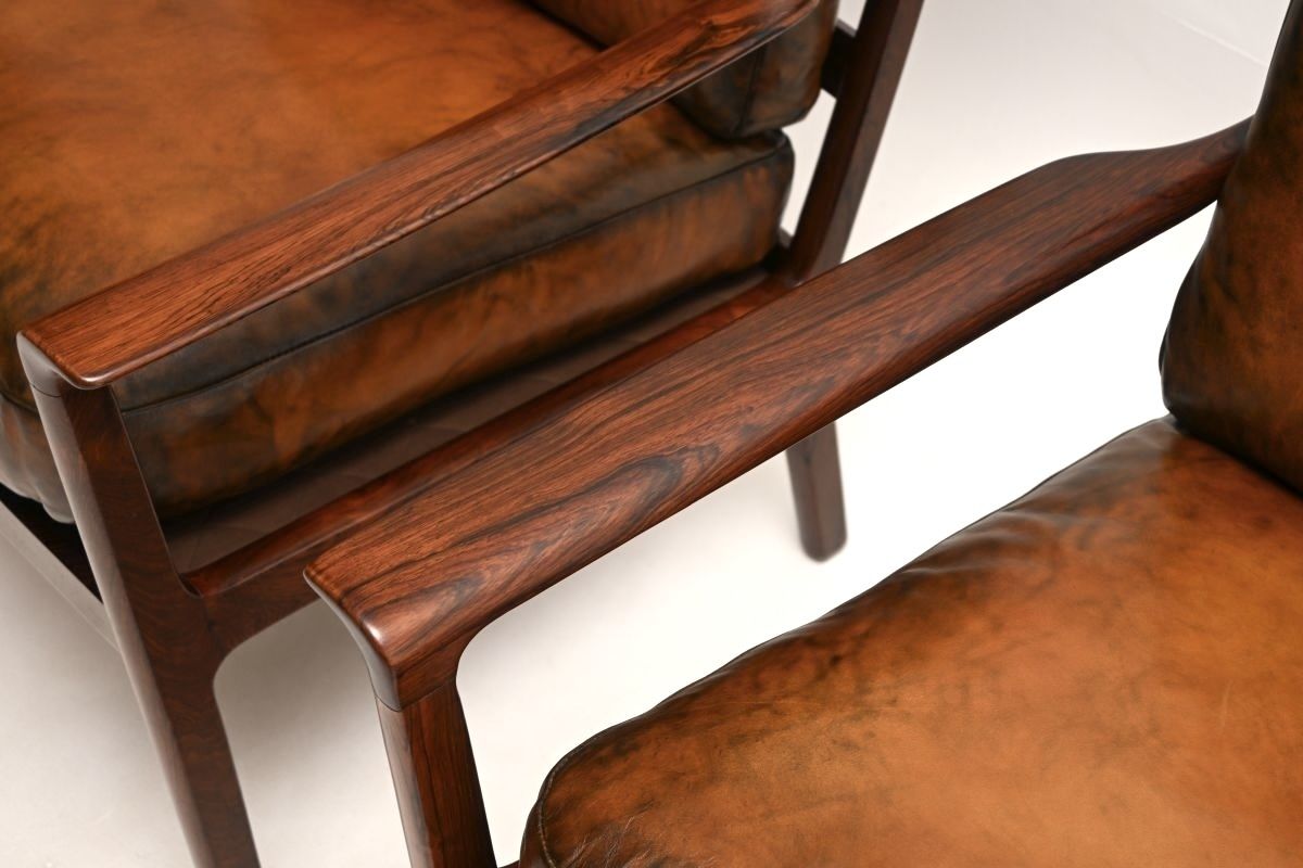 photo for sale Pair Of Vintage Scandinavian Rosewood And Leather Armchairs By Frederik Kayser