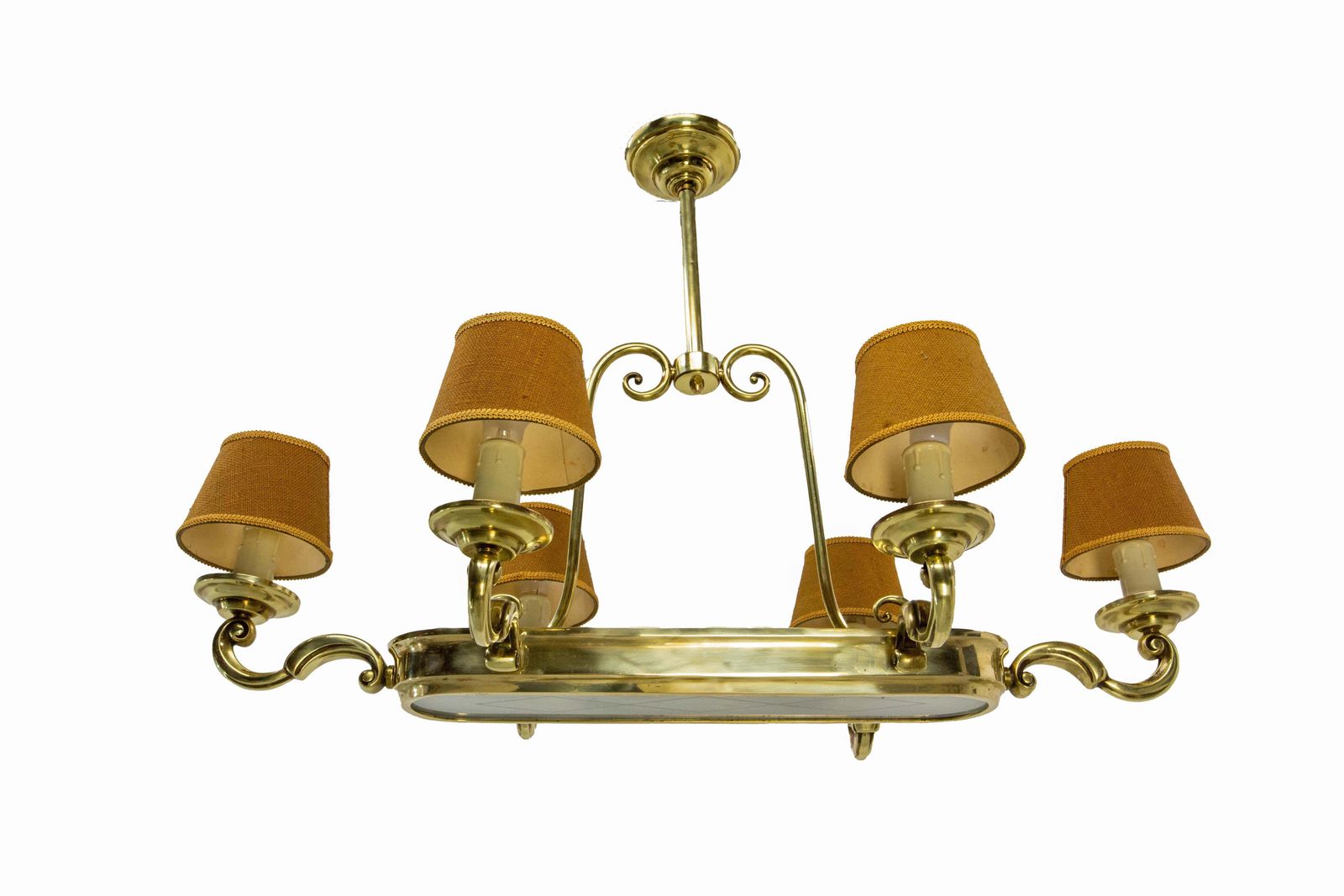 Franse plafondlamp met tien lichtpunten, massief messing, ca. 1960 photo for sale