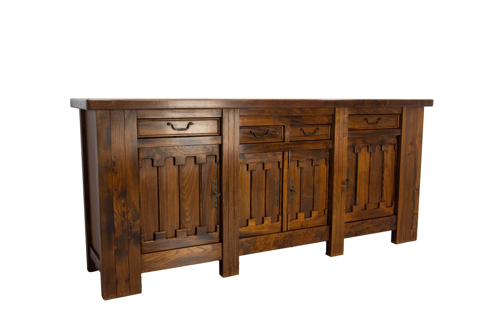 French Large Elm Buffet Four Doors & Four Drawers Neo Gothic Style, Circa 1980 photo furniture