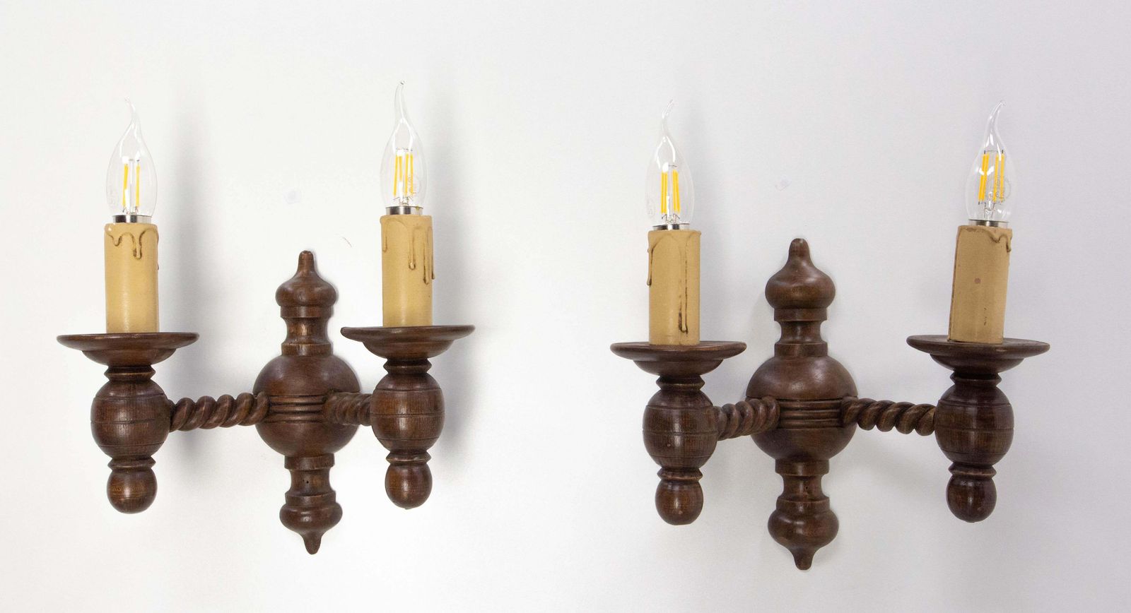 Pair Of Turned Wood Double Sconces Beech Spanish Style Wall Lights C 1940 France photo furniture