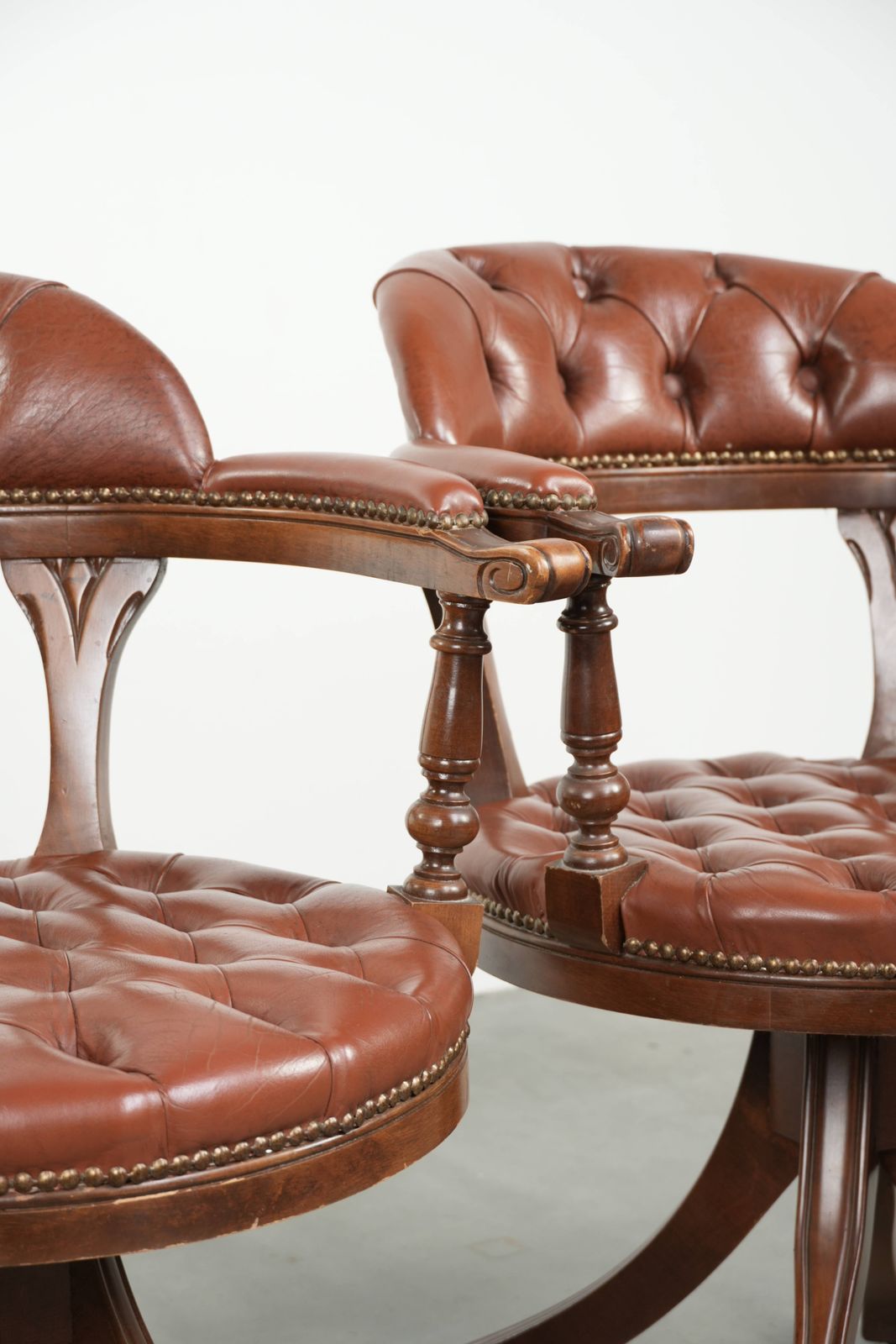 photo for sale Set Of 2 Swivel English Style Cowhide Leather Chesterfield Office Chairs In A Beautiful Brown Color