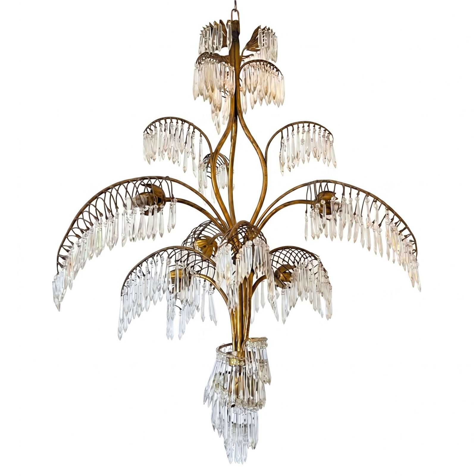 French 1950s Palm Chandelier, Brass And Glass With Seven Lights photo furniture