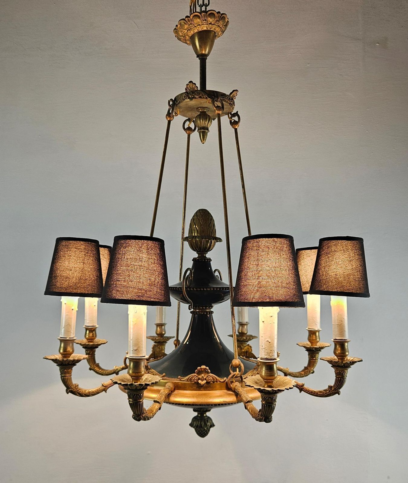 Large Italian Empire Style Chandelier With Tôle And Gilt Bronze Details, 1940s photo for sale