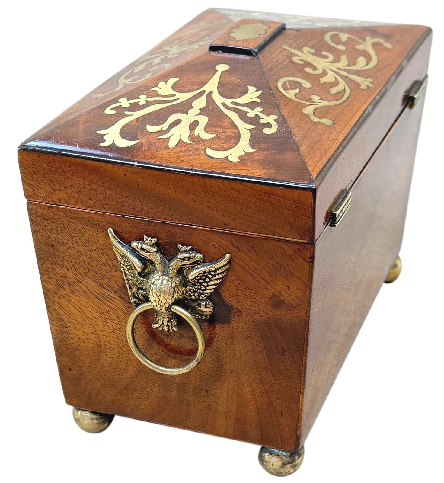 Regency Mahogany 19th Century Brass Inlaid Tea Caddy (England, Circa 1815) photo buy
