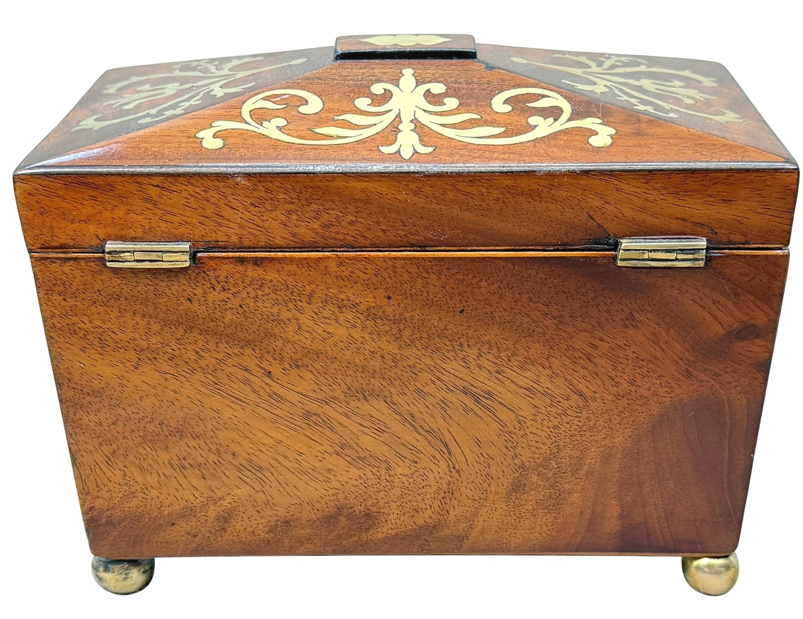 Regency Mahogany 19th Century Brass Inlaid Tea Caddy (England, Circa 1815) photo vintage