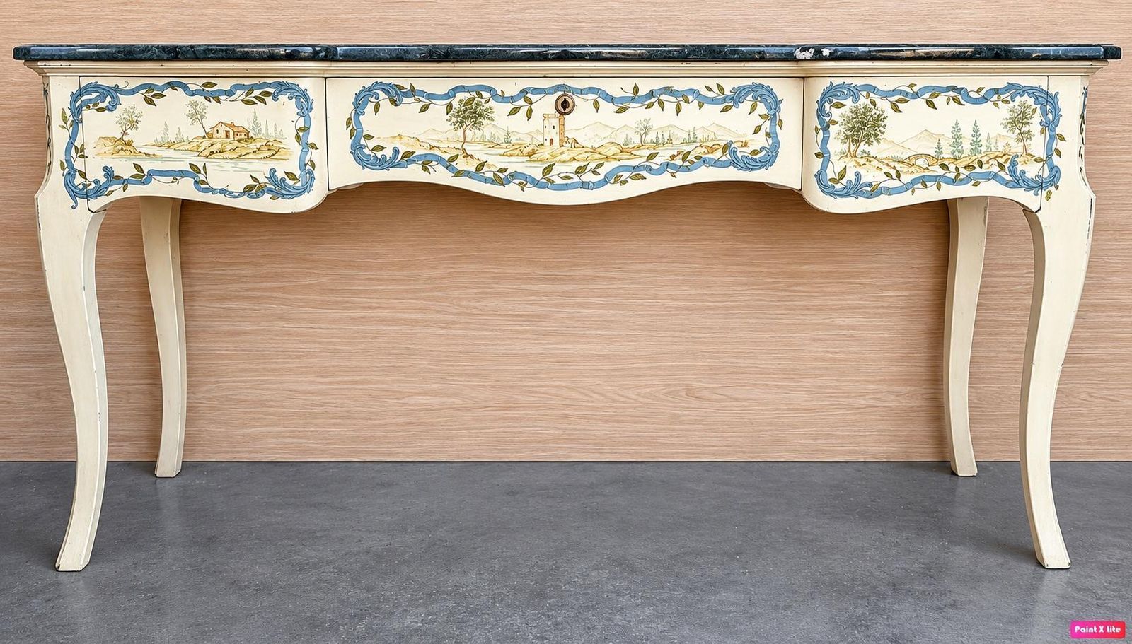 Console de style provincial français peinte à la main, plateau en marbre vert et tiroirs photo furniture