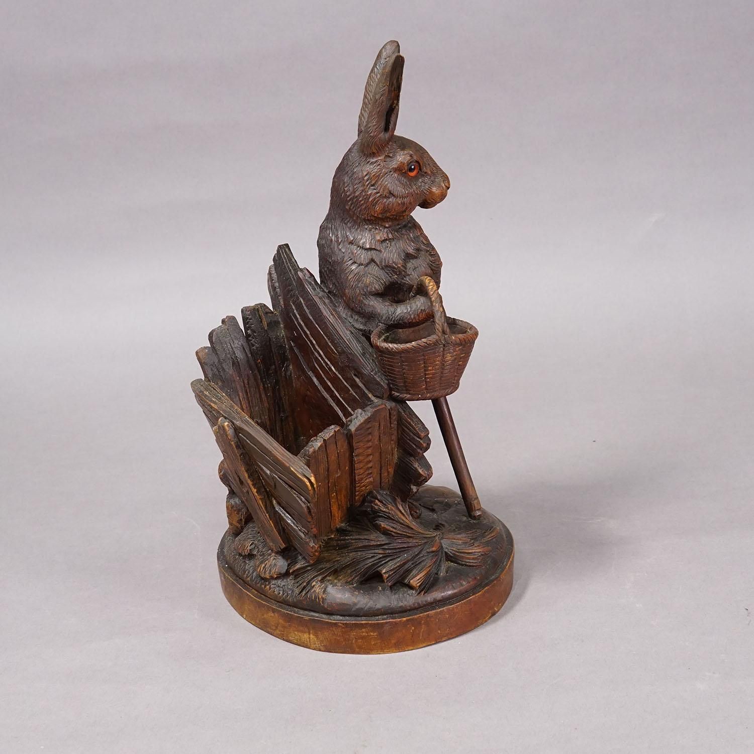 Antique Black Forest Carved Rabbit Figure With Basket, Circa 1900 photo for sale