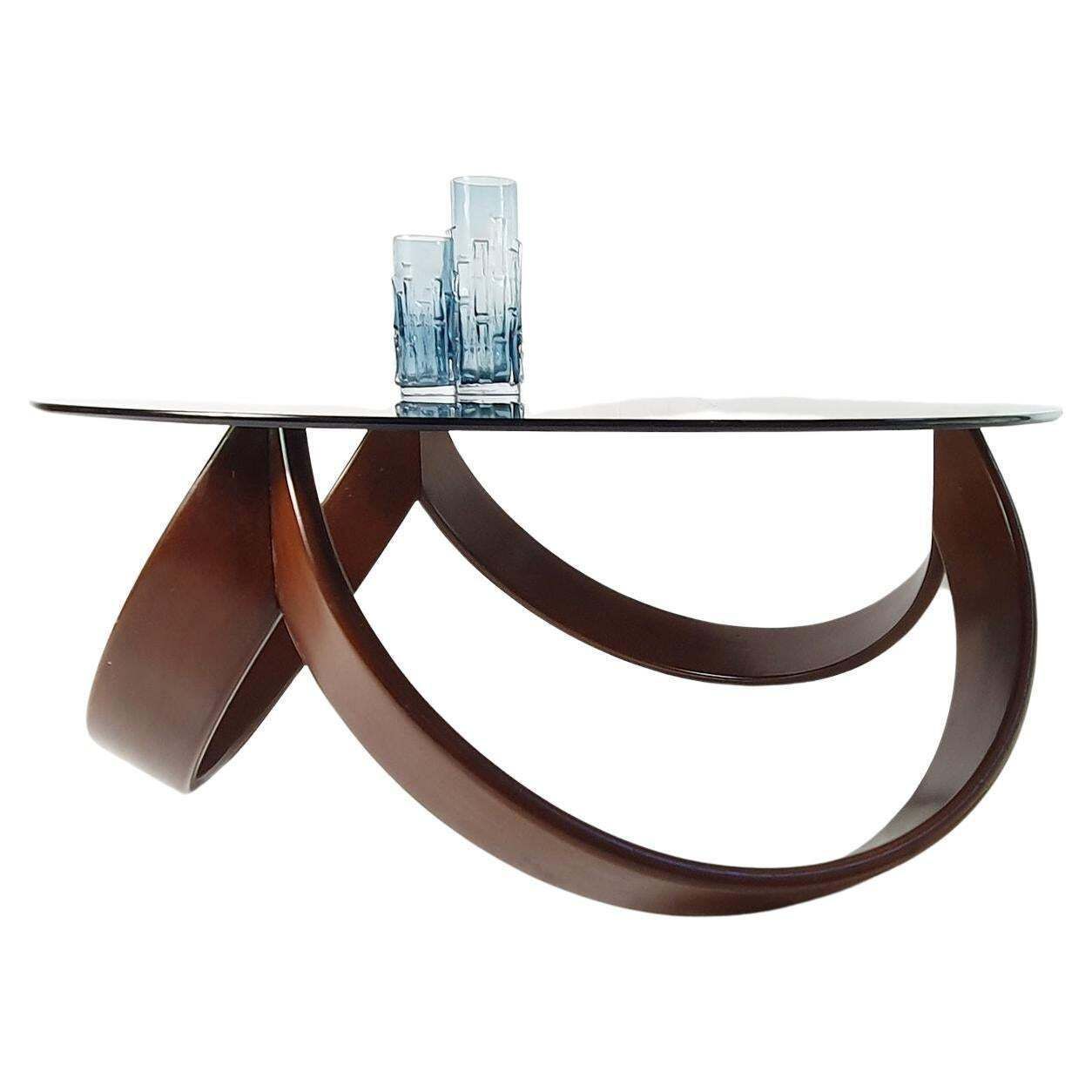 Mid Century Organic Coffee Table With Beechwood Base And Glass Top
