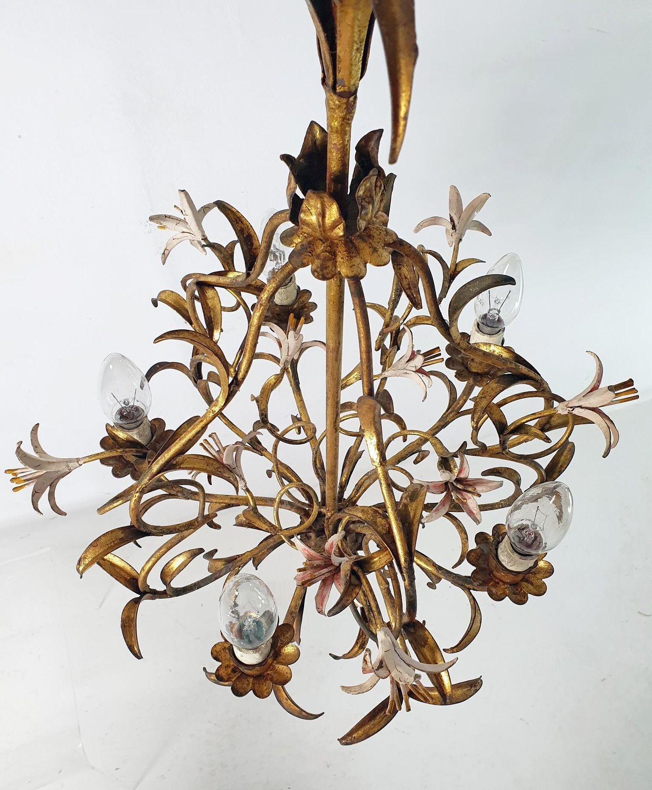 Mid Century Italian Tole Chandelier, Iron With Floral Design, 1950s photo vintage